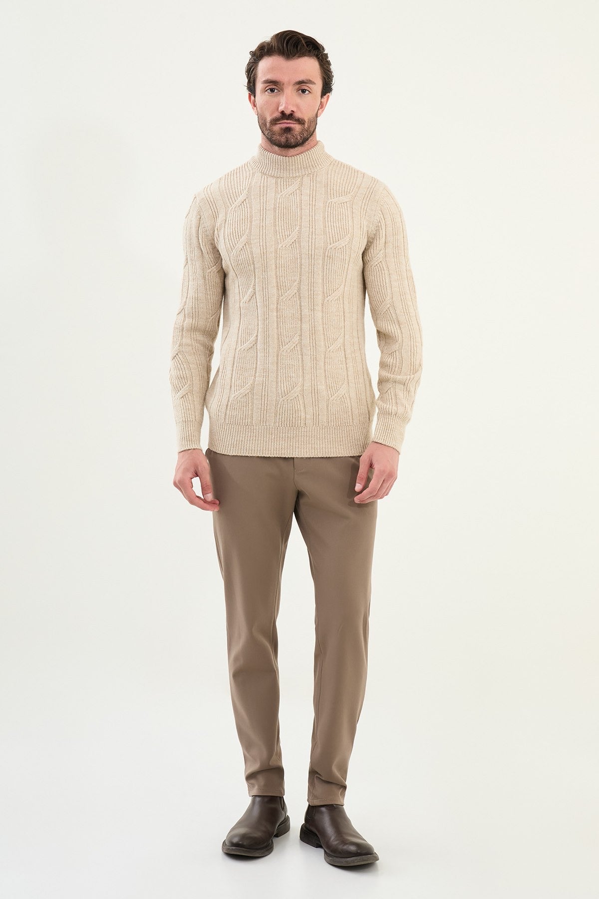 Beige Cable-Knit High Neck Sweater - BRABION