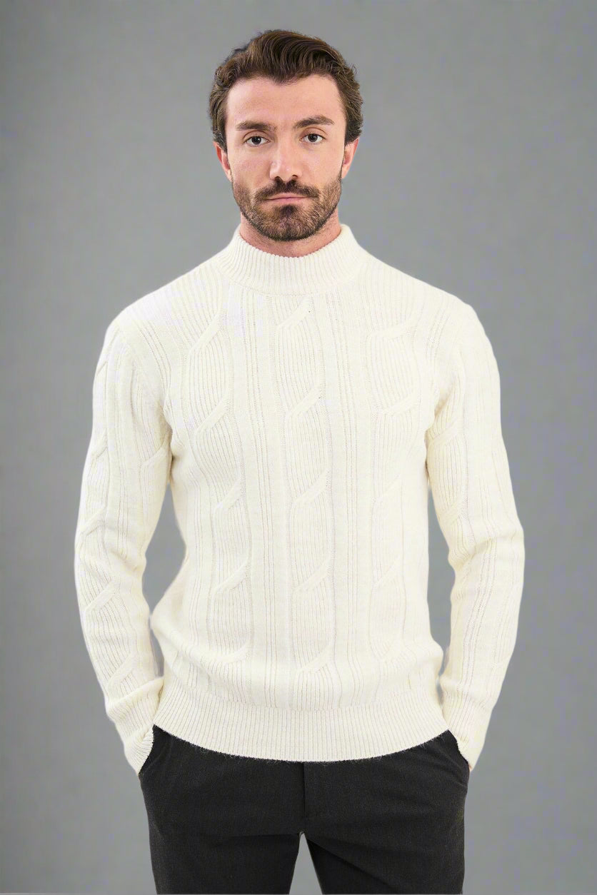 White Cable-Knit High Neck Sweater - BRABION