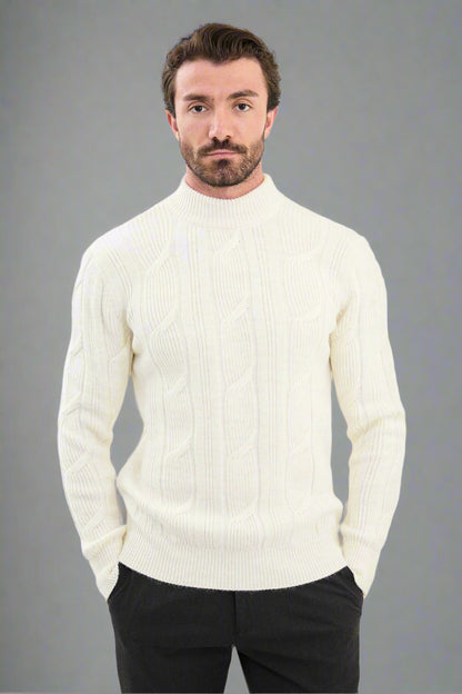 White Cable-Knit High Neck Sweater - BRABION