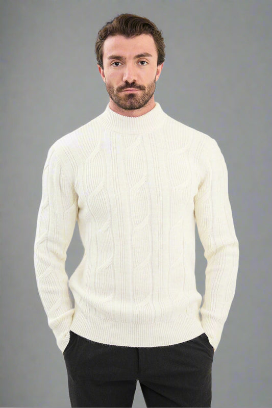 White Cable-Knit High Neck Sweater - BRABION