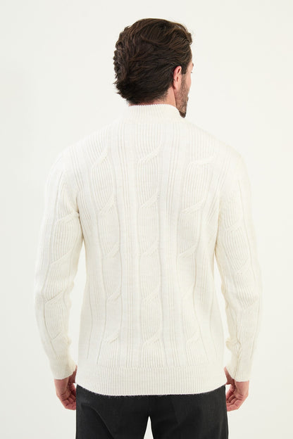 White Cable-Knit High Neck Sweater - BRABION