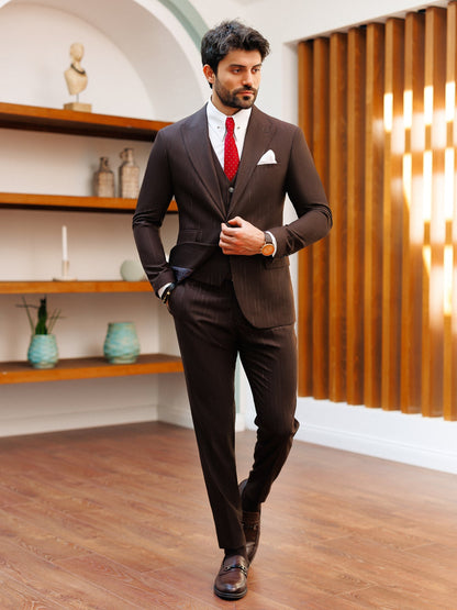 Brown Striped Slim-Fit Suit 3-Piece VIOSSI