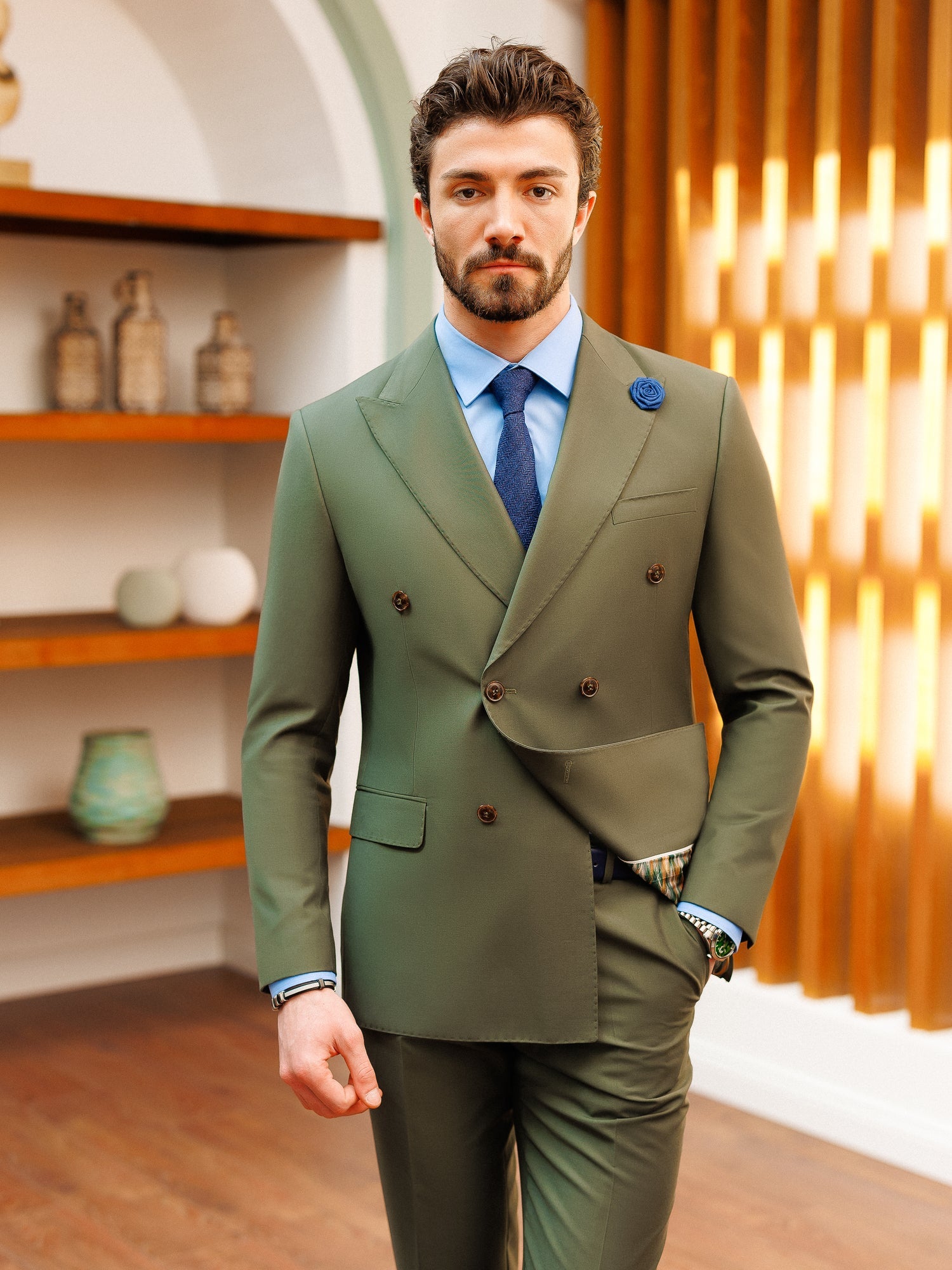 Khaki Double Breasted Suit 2-Piece - BRABION