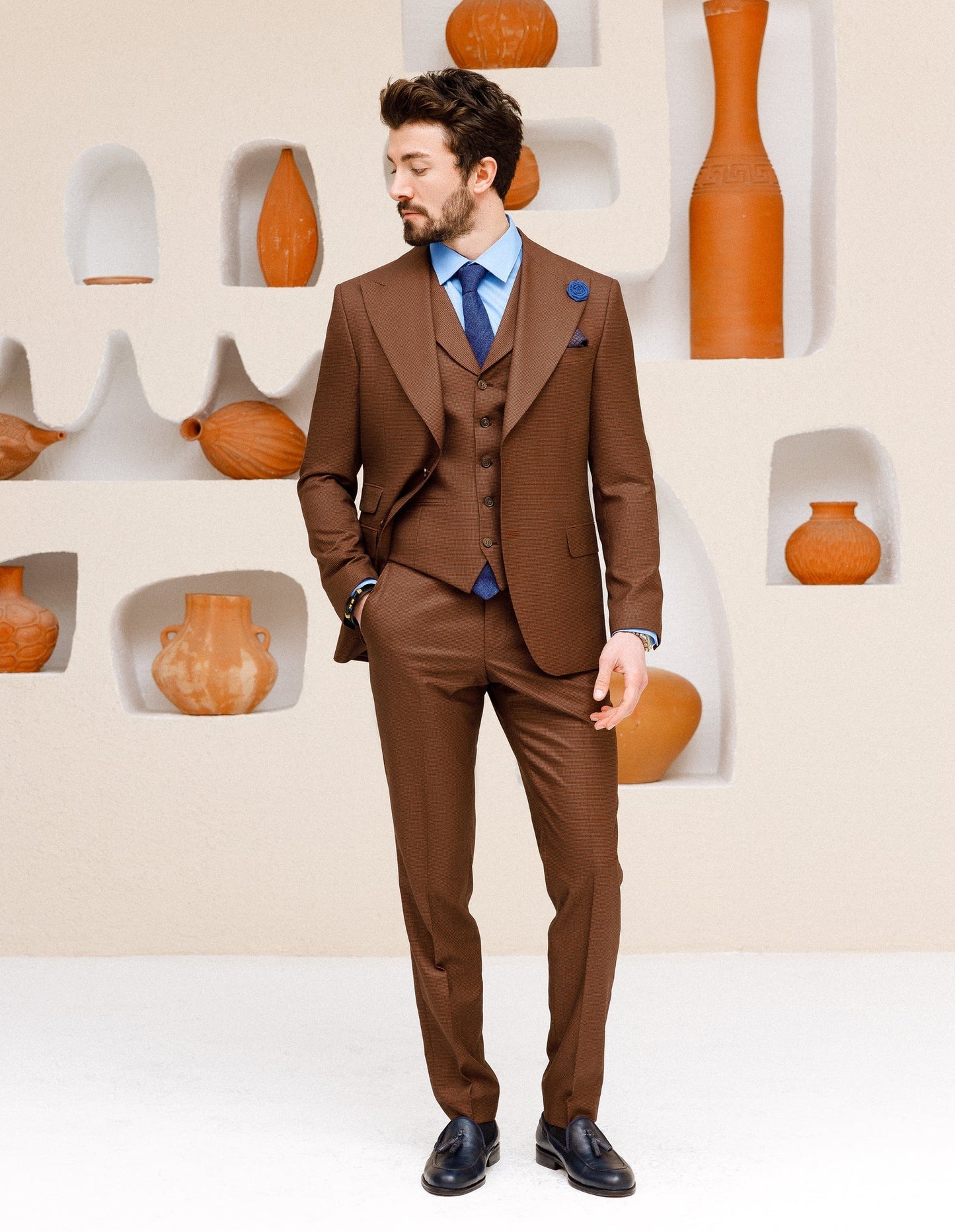Brown Plaid Slim-Fit Suit 3-Piece VIOSSI