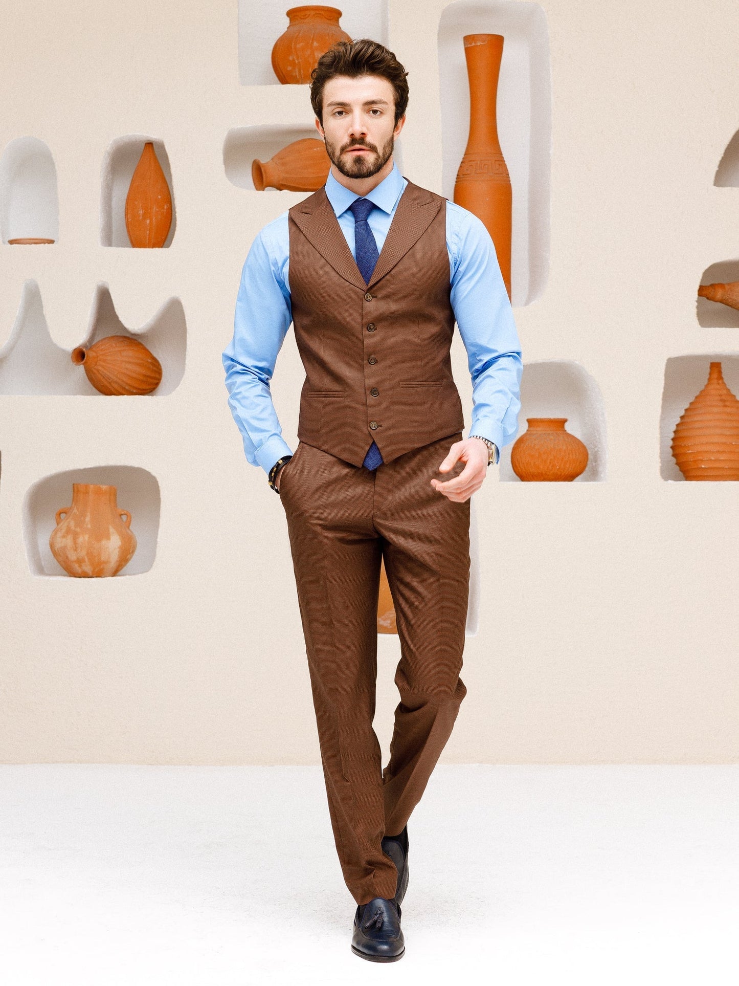 Brown Plaid Slim-Fit Suit 3-Piece VIOSSI