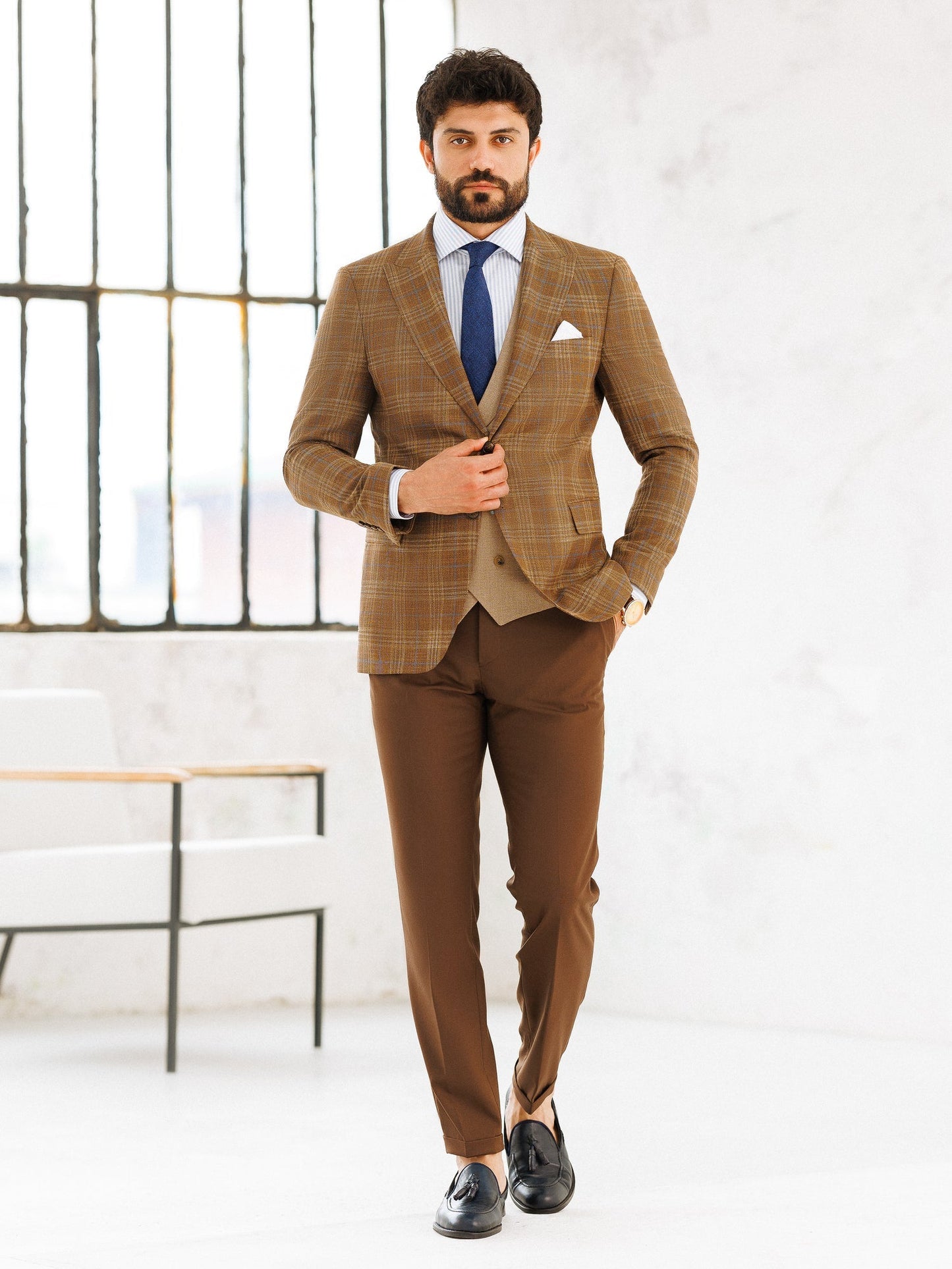 Brown Plaid Slim-Fit Suit 3-Piece VIOSSI