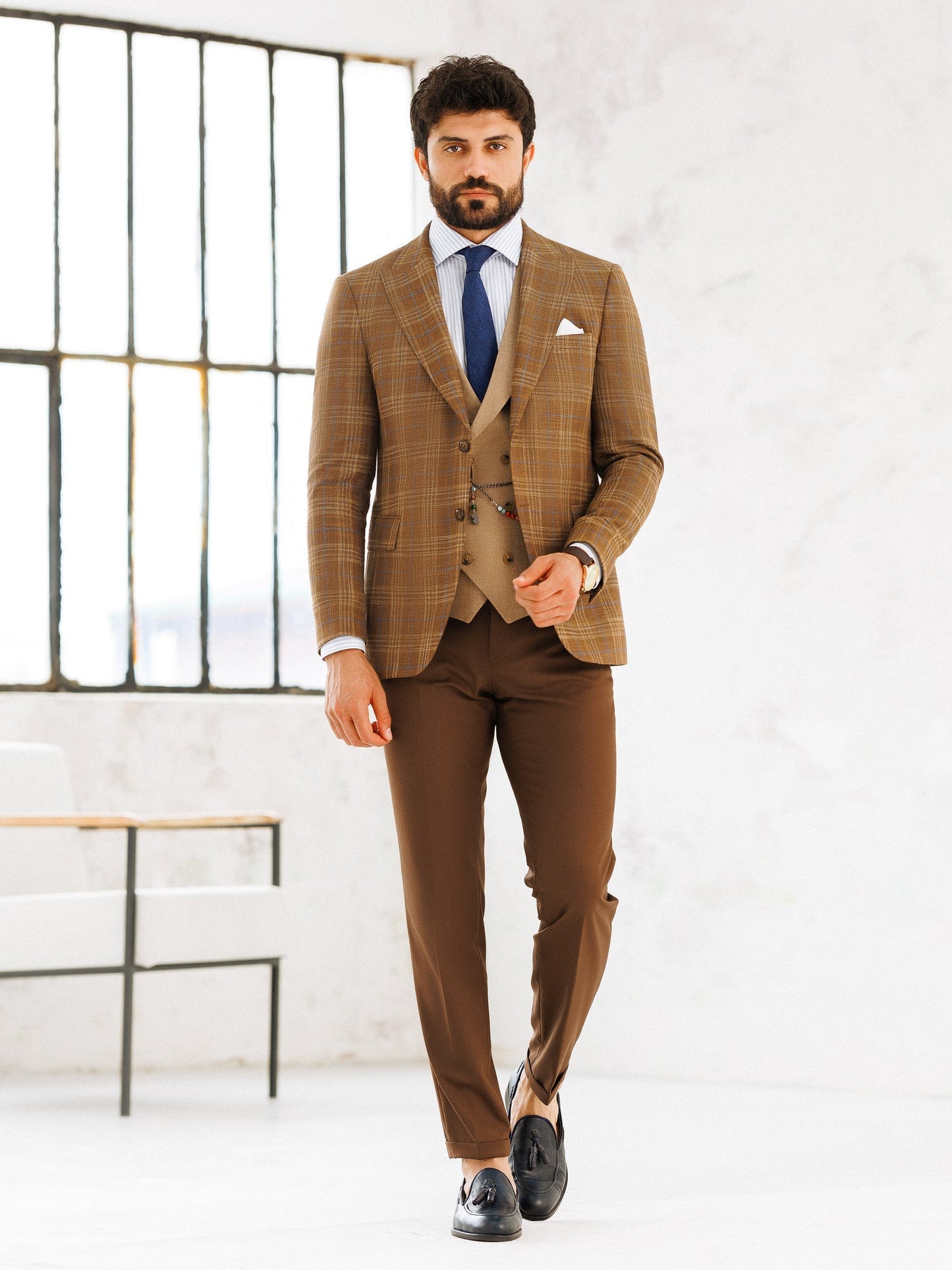 Brown Plaid Slim-Fit Suit 3-Piece VIOSSI