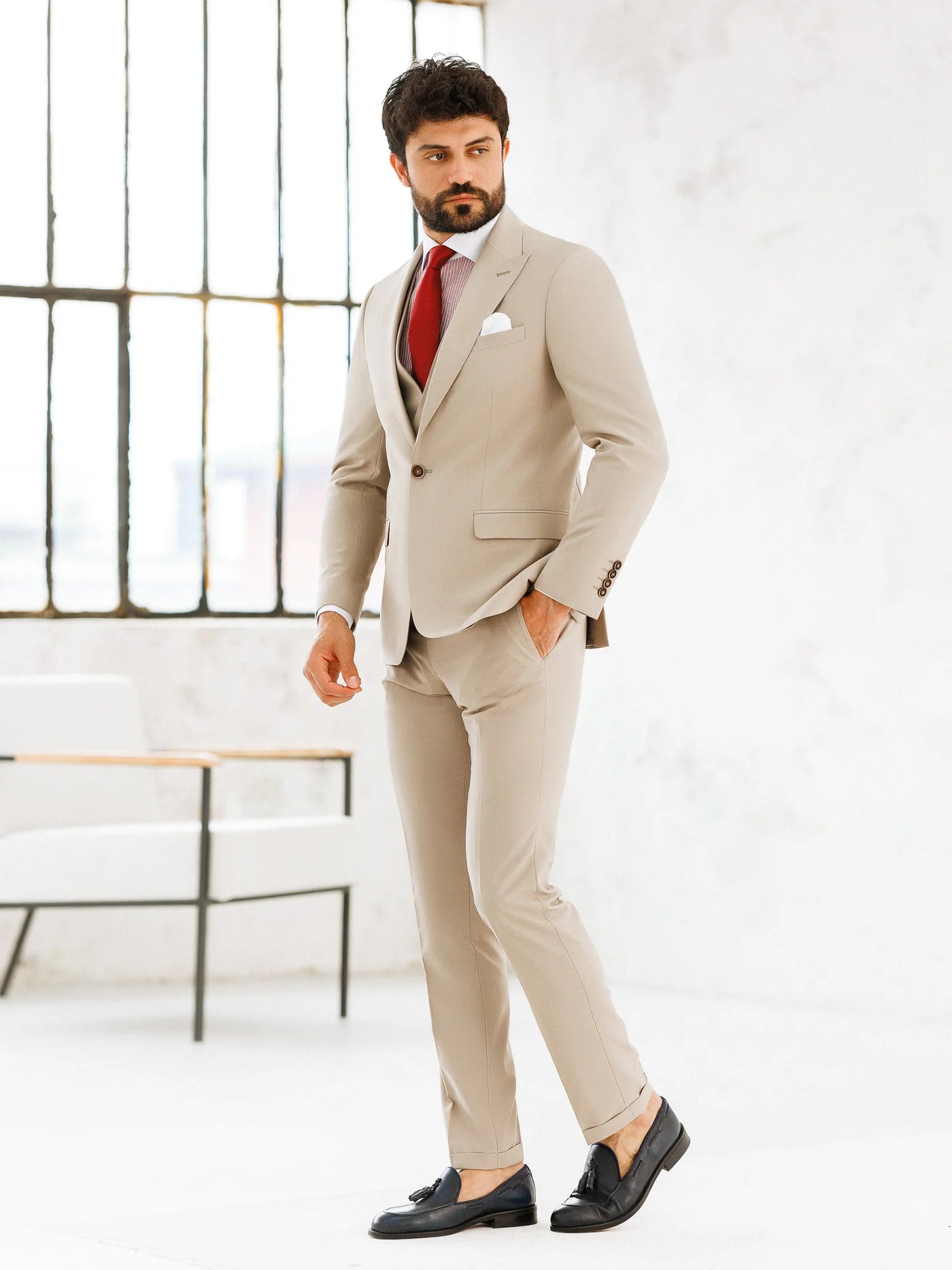 Brabion Beige Slim-Fit Suit 3-Piece - BRABION