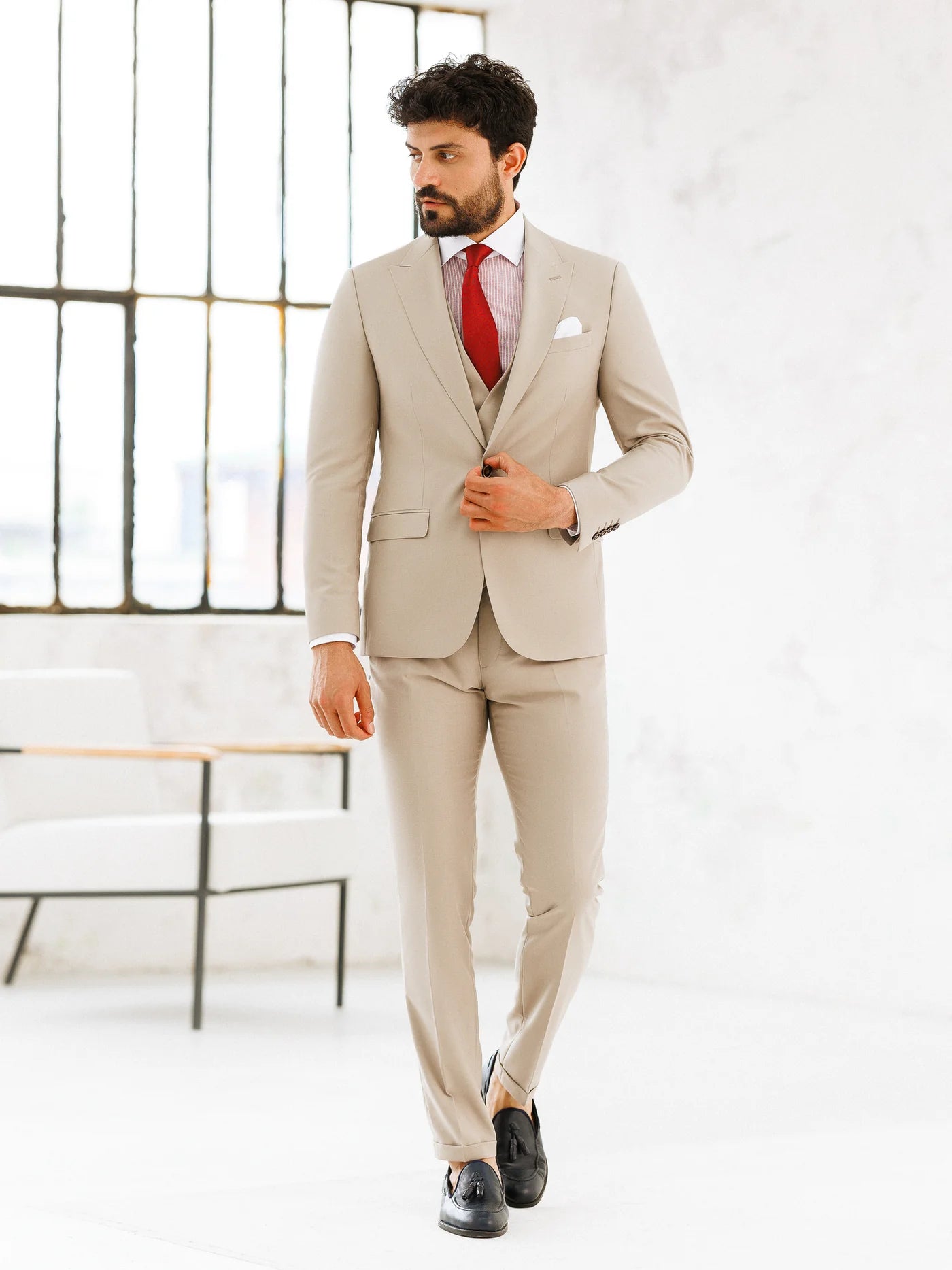 Brabion Beige Slim-Fit Suit 3-Piece - BRABION