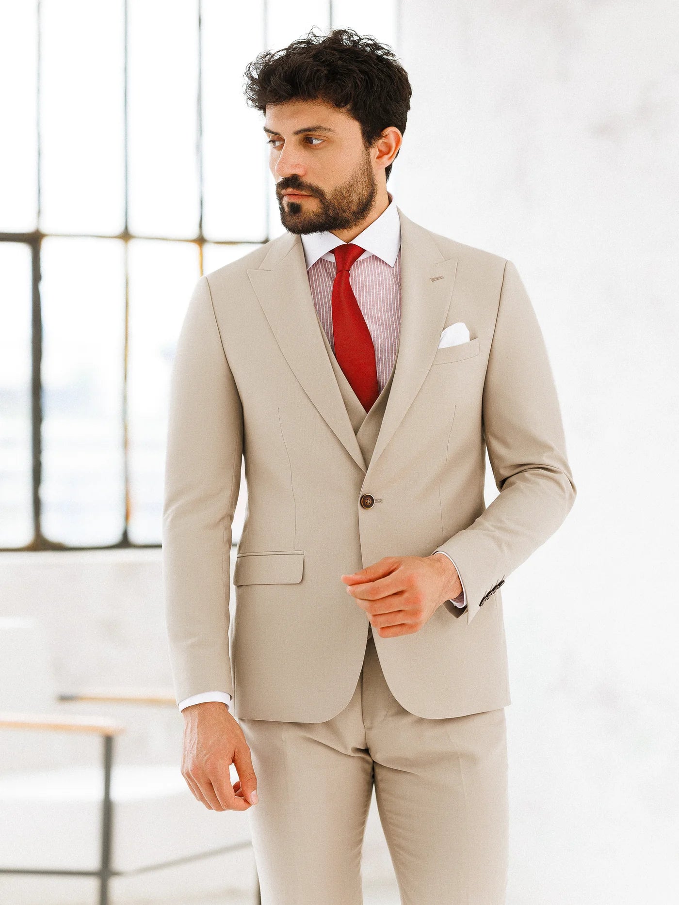Brabion Beige Slim-Fit Suit 3-Piece - BRABION