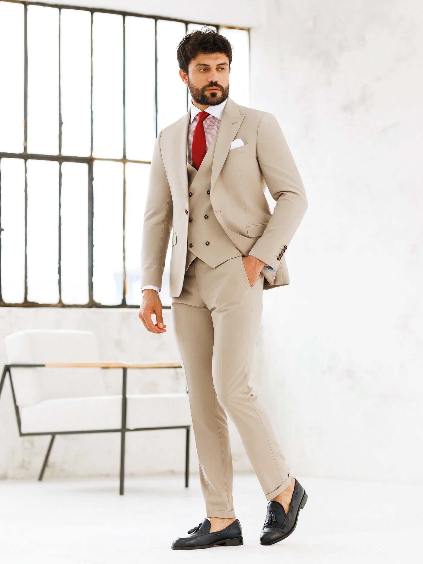 Brabion Beige Slim-Fit Suit 3-Piece - BRABION