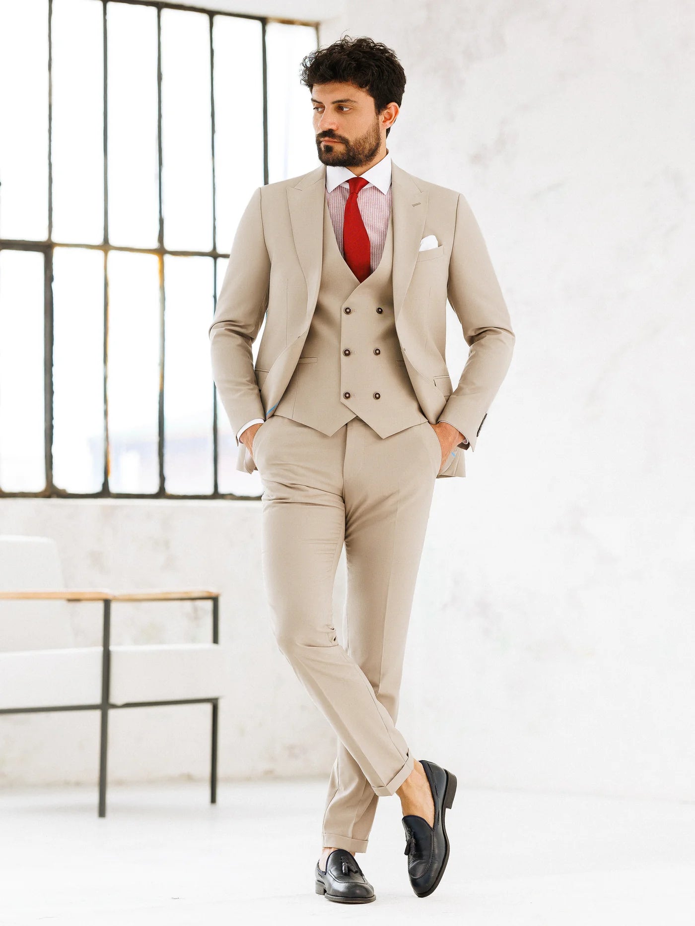 Brabion Beige Slim-Fit Suit 3-Piece - BRABION