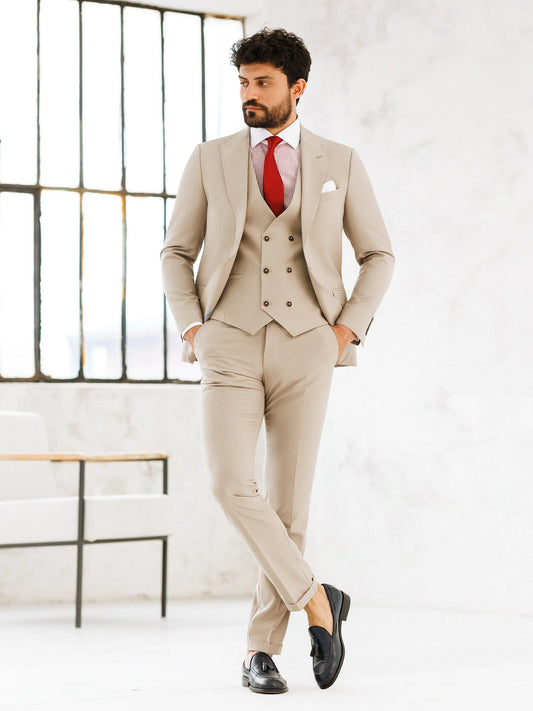 Brabion Beige Slim-Fit Suit 3-Piece - BRABION