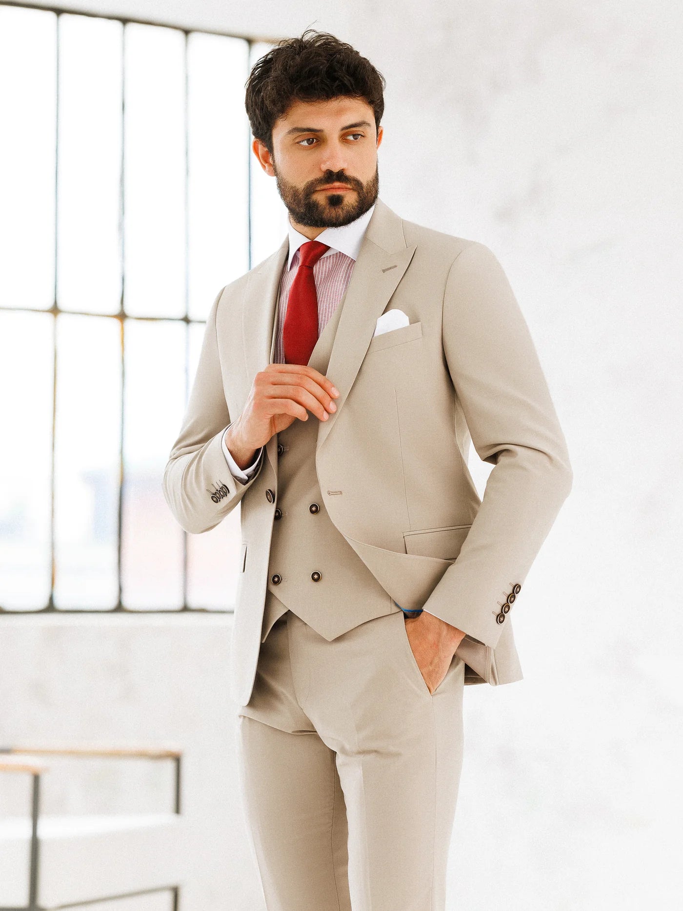 Brabion Beige Slim-Fit Suit 3-Piece - BRABION