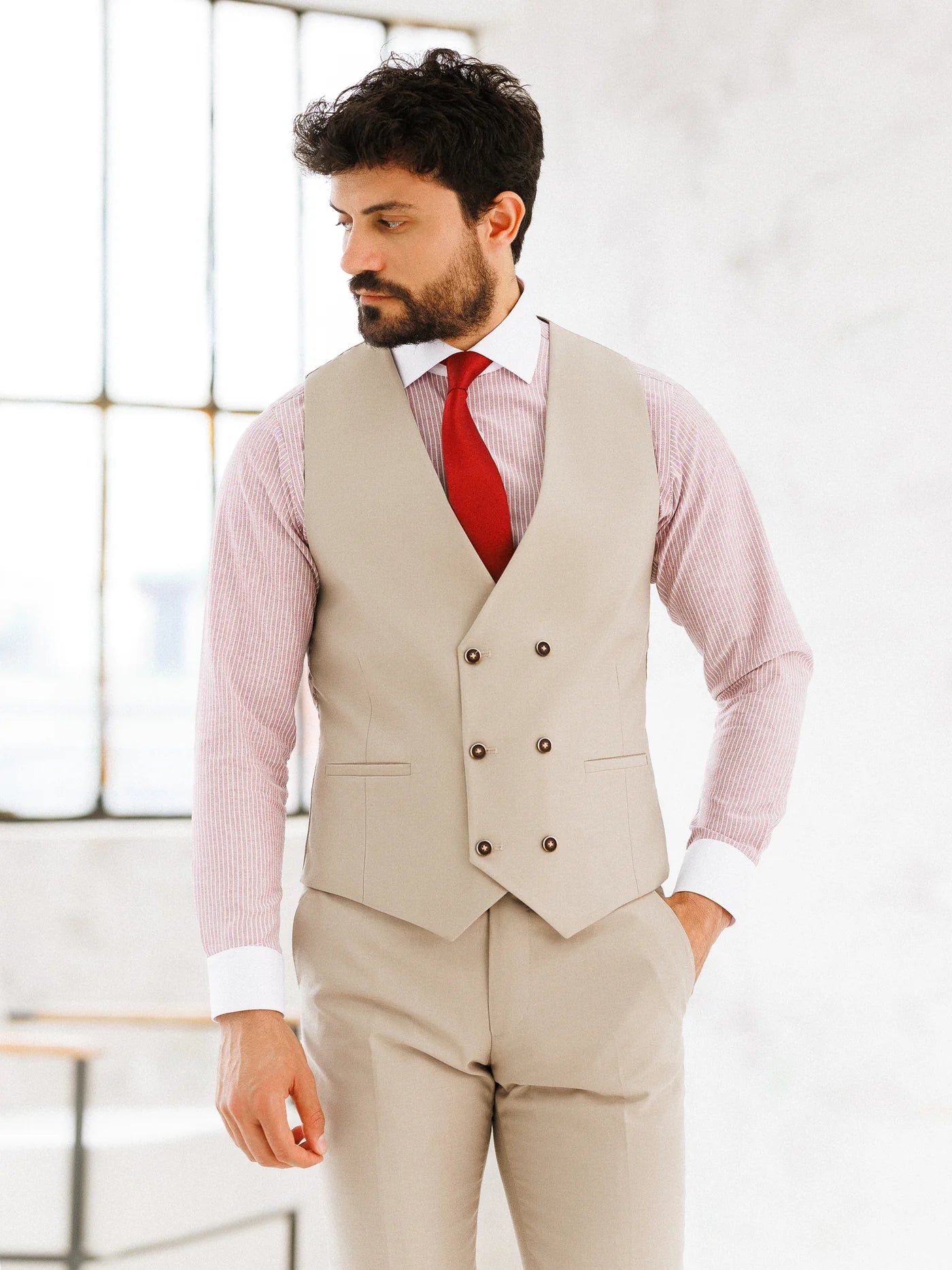 Brabion Beige Slim-Fit Suit 3-Piece - BRABION