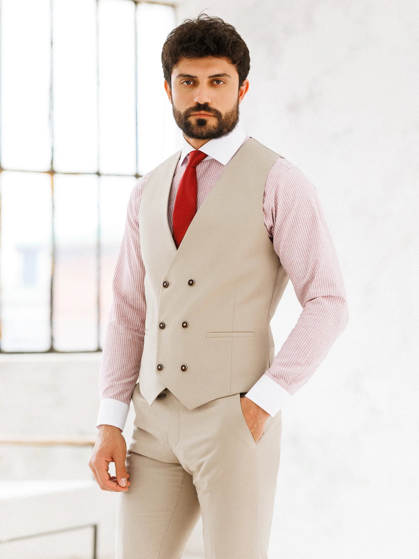Brabion Beige Slim-Fit Suit 3-Piece - BRABION