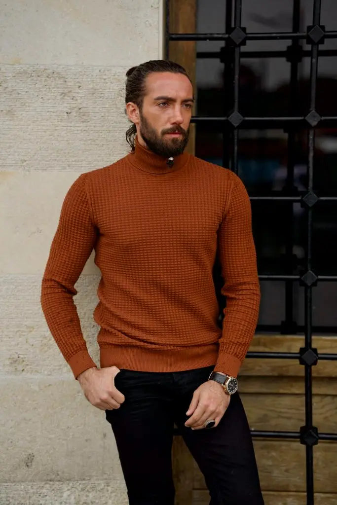 Stefano Slim Fit Camel Turtleneck Sweater - BRABION