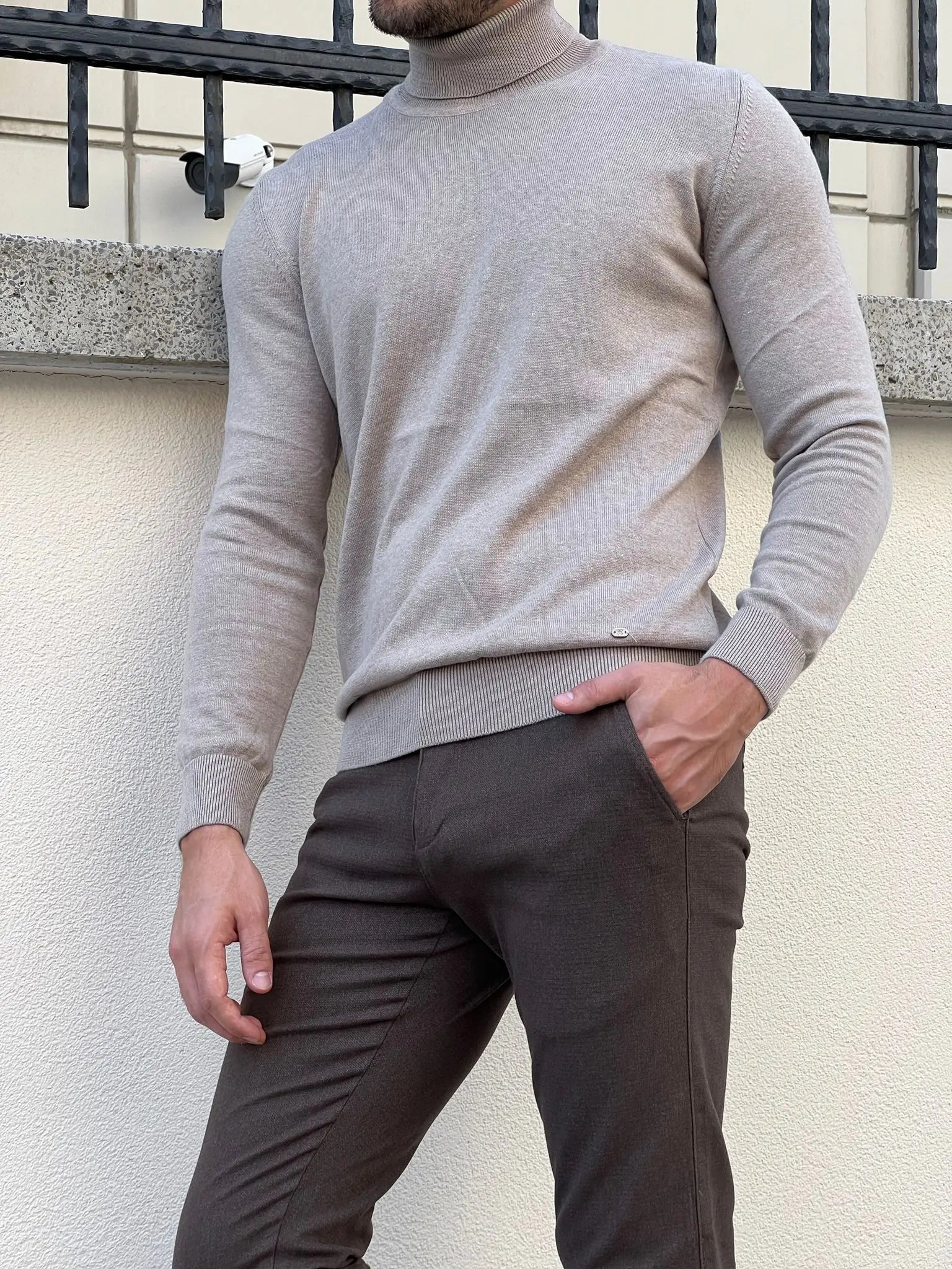 Stefano Slim Fit Beige Turtleneck Sweater - BRABION
