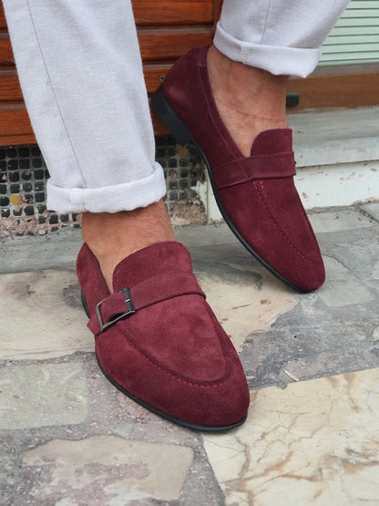 Henderson Claret Red Suede Buckle Loafers - BRABION