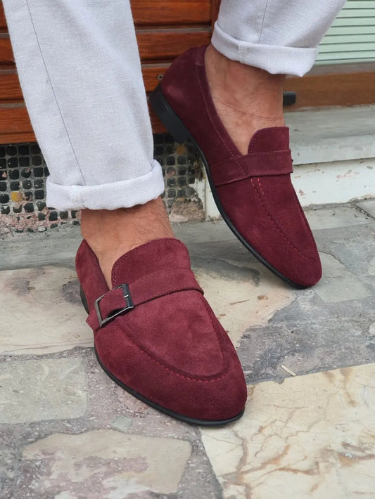 Henderson Claret Red Suede Buckle Loafers - BRABION