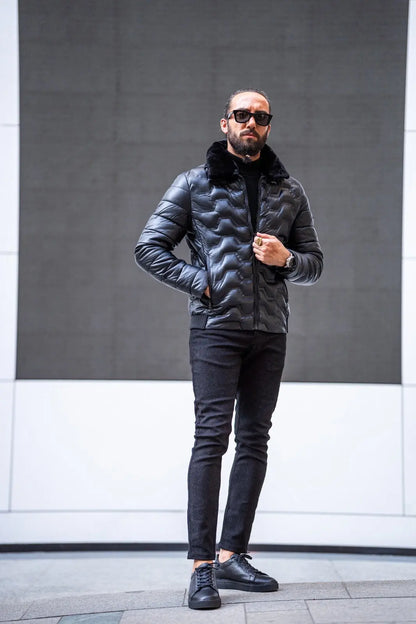 Mateo Slim Fit Black Self-Printed Fur Detail Coat - BRABION
