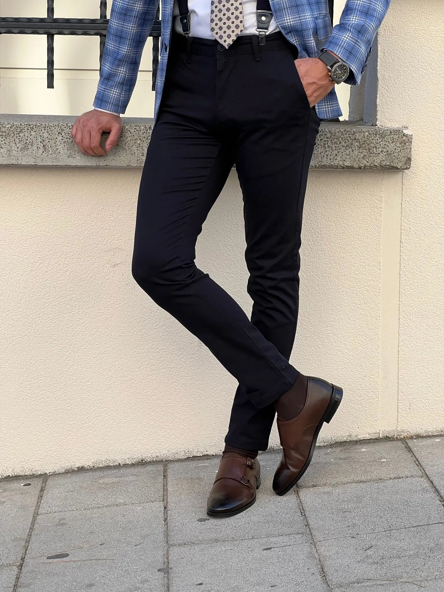 Benjamin Slim Fit High Quality Dark Blue Patterned Anthracite Pants - BRABION