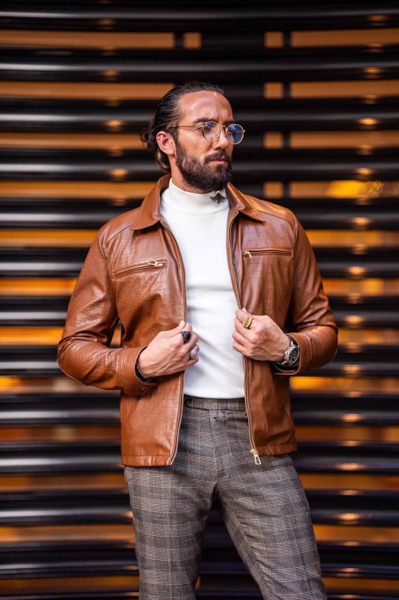 Mateo Slim Fit Tan Patterned Leather Coat - BRABION
