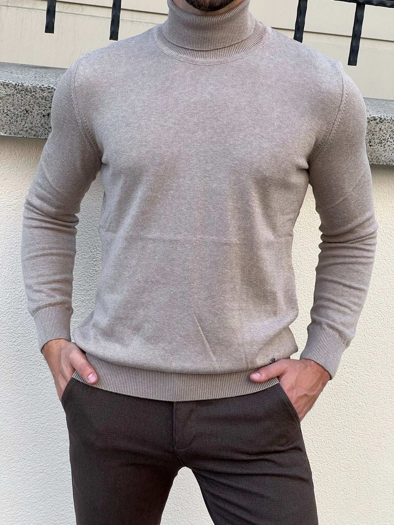 Stefano Slim Fit Beige Turtleneck Sweater - BRABION