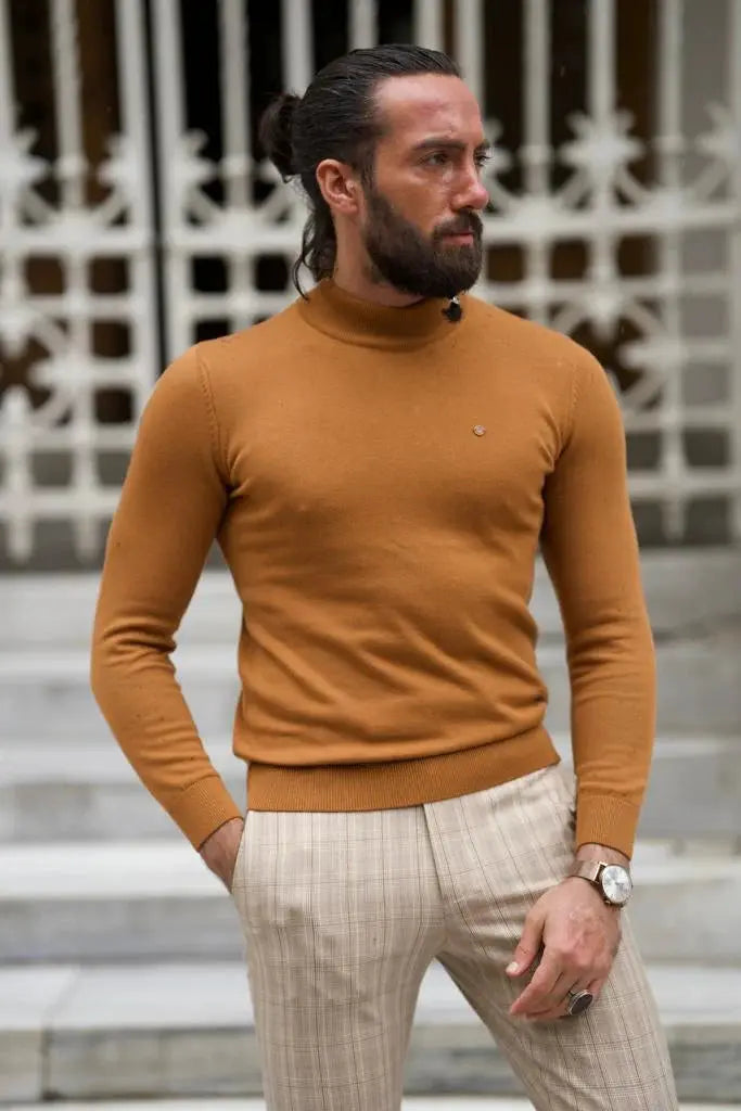 Stefano Slim Fit Camel Half Collared Turtleneck - BRABION