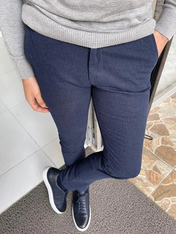 Wilson Navy Blue Slim Fit Cotton Pants for Versatile Elegance - BRABION