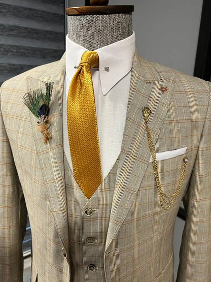 Fremont Camel Slim Fit Peak Lapel Plaid Suit - Elegant Three-Piece Ensemble BOJONI