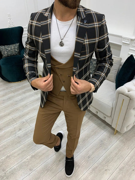 Areni Black Plaid Slim Fit Suit - BRABION