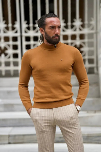 Stefano Slim Fit Camel Half Collared Turtleneck - BRABION