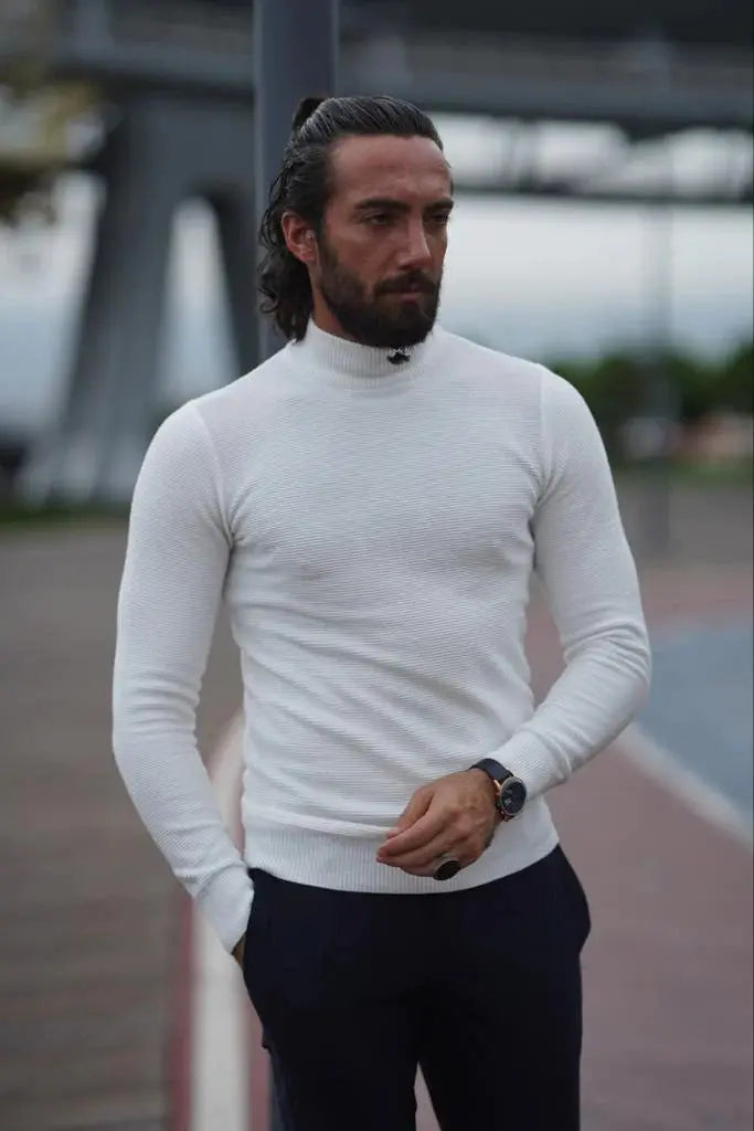 Stefano Slim Fit Custom Design Half Turtleneck White Sweater - BRABION