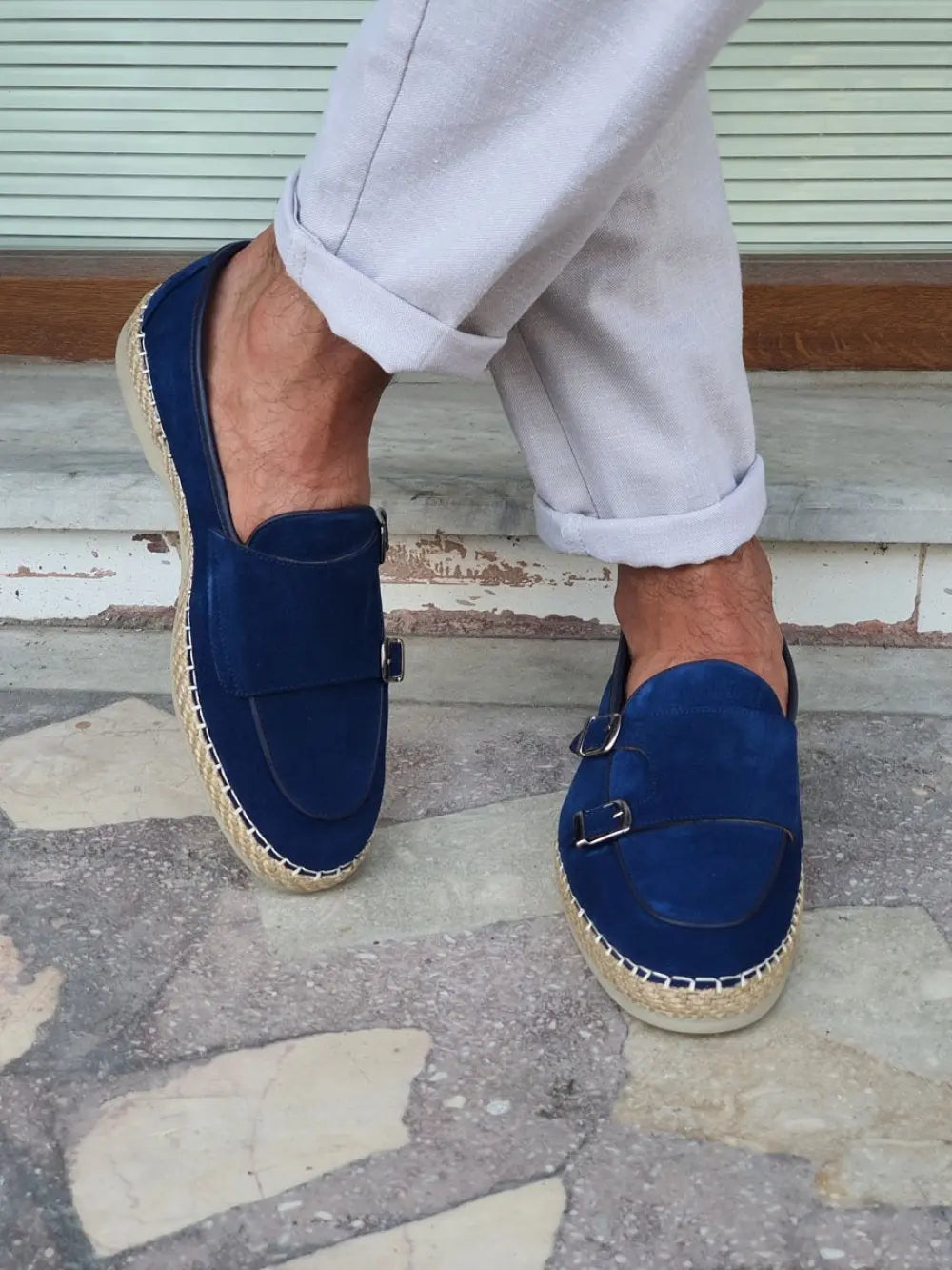 Kurni Blue Double Buckled Suede Leather Shoes - BRABION