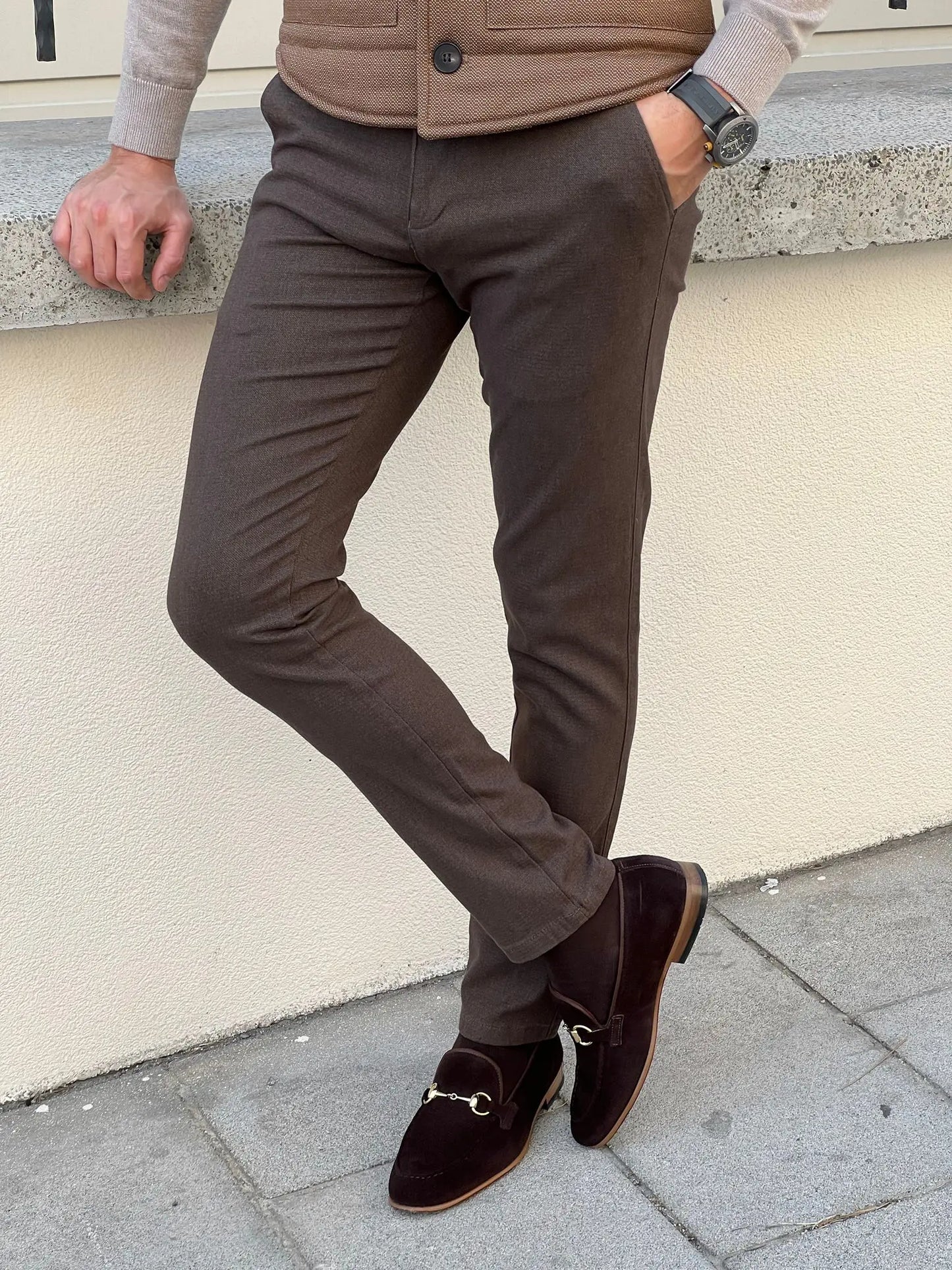 Benjamin Slim Fit High Quality Brown Patterned Anthracite Pants - BRABION
