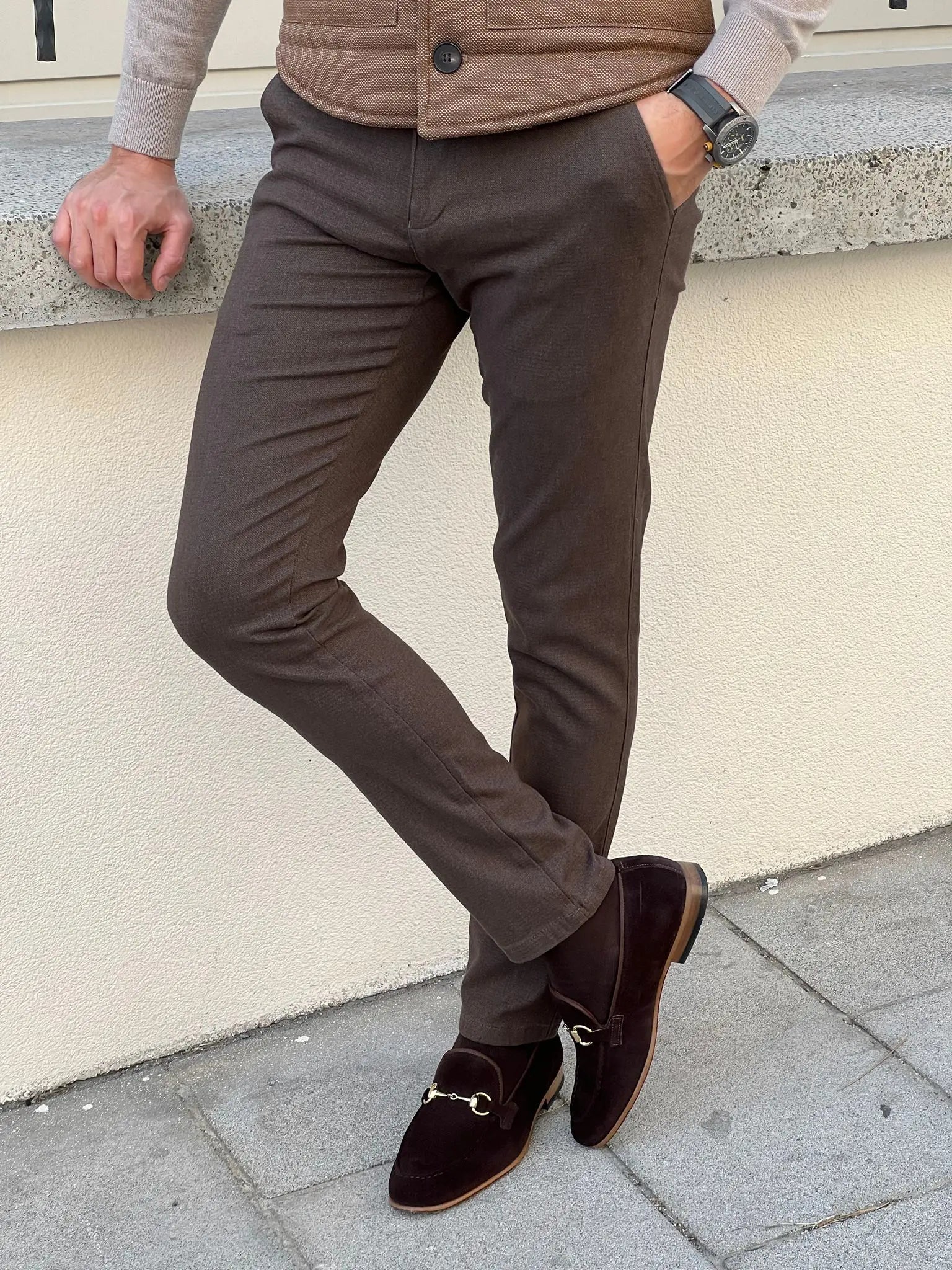 Benjamin Slim Fit High Quality Brown Patterned Anthracite Pants - BRABION