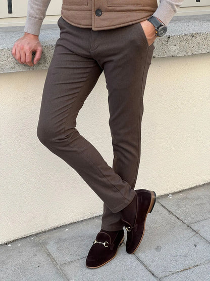 Benjamin Slim Fit High Quality Brown Patterned Anthracite Pants - BRABION