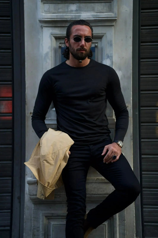 Stefano Slim Fit Custom Design Round Neck Black Sweater - BRABION