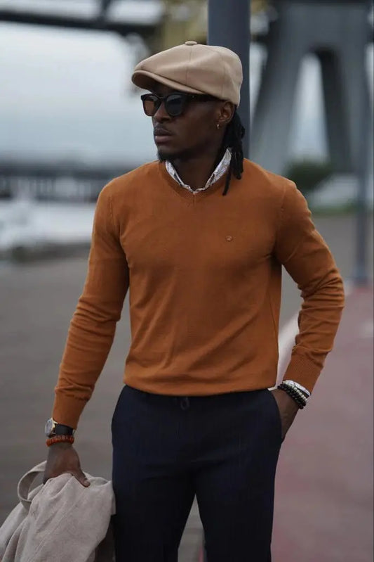 Stefano Slim Fit Custom Design Camel V-Neck Sweater - BRABION