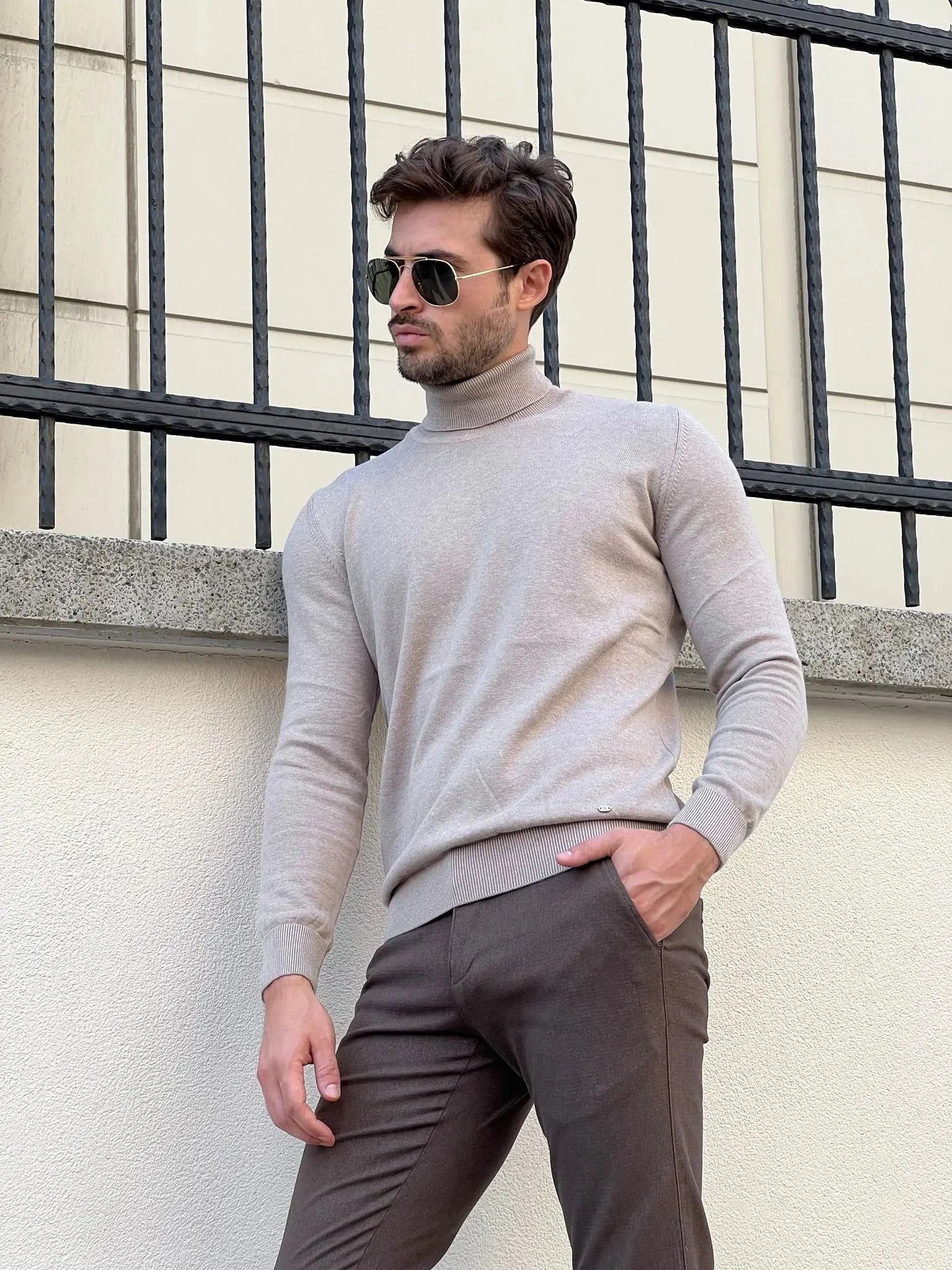 Stefano Slim Fit Beige Turtleneck Sweater - BRABION