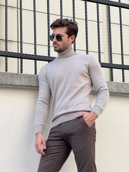 Stefano Slim Fit Beige Turtleneck Sweater - BRABION