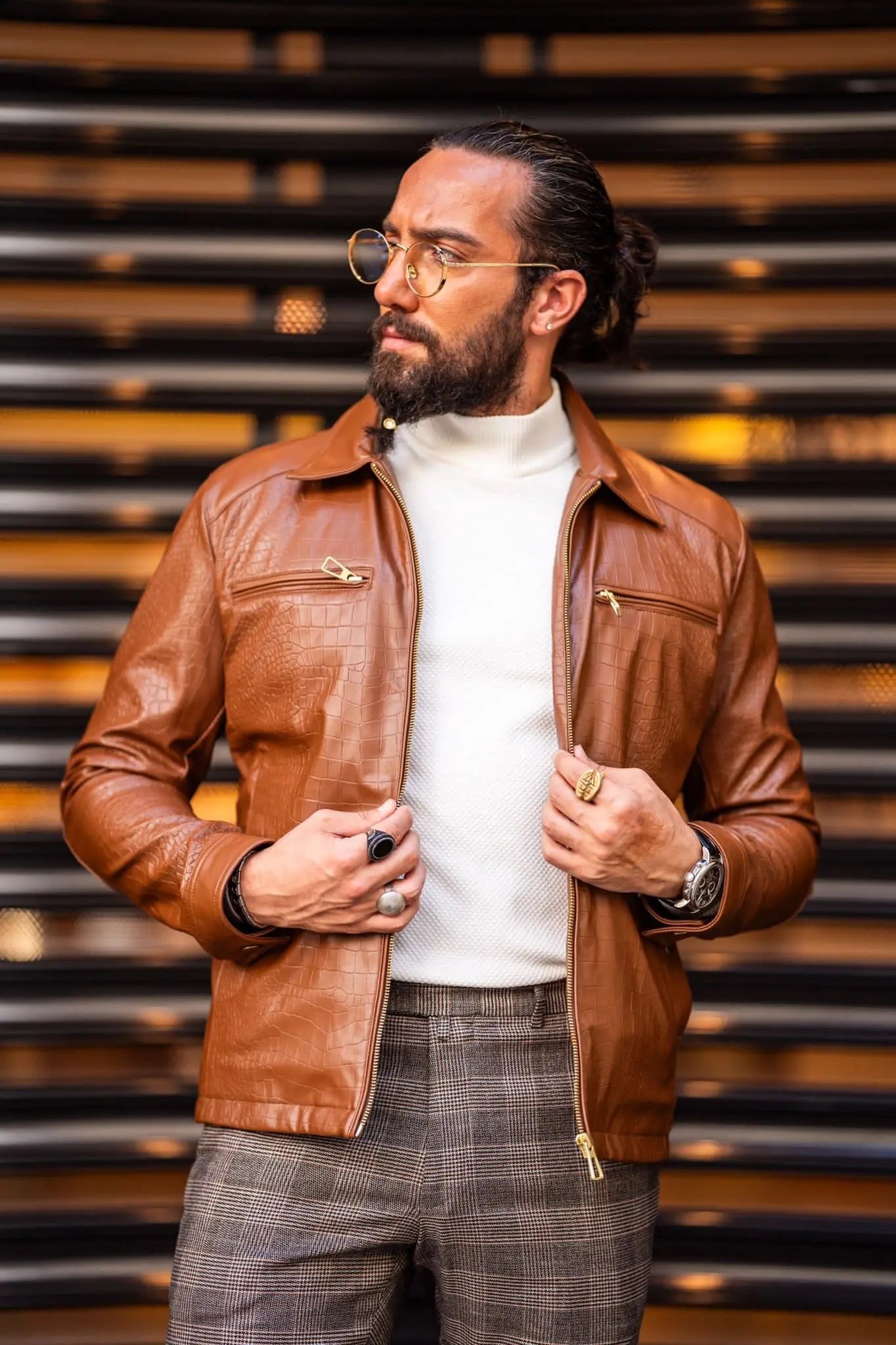 Mateo Slim Fit Tan Patterned Leather Coat - BRABION