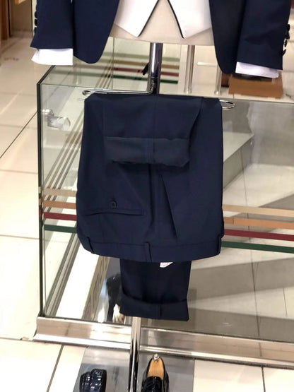 Slim-Fit Navy-Blue Tuxedo Suit for Elegant Occasions - BRABION