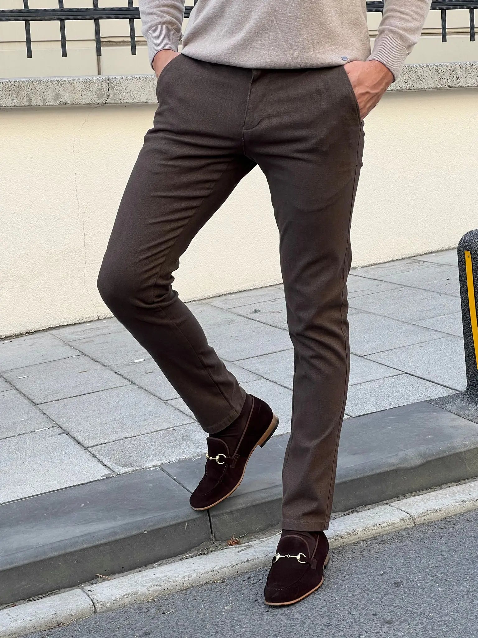 Benjamin Slim Fit High Quality Brown Patterned Anthracite Pants - BRABION