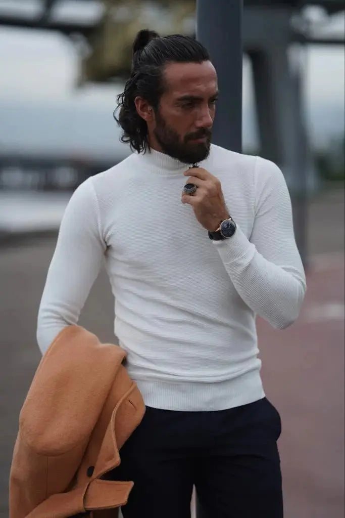 Stefano Slim Fit Custom Design Half Turtleneck White Sweater - BRABION