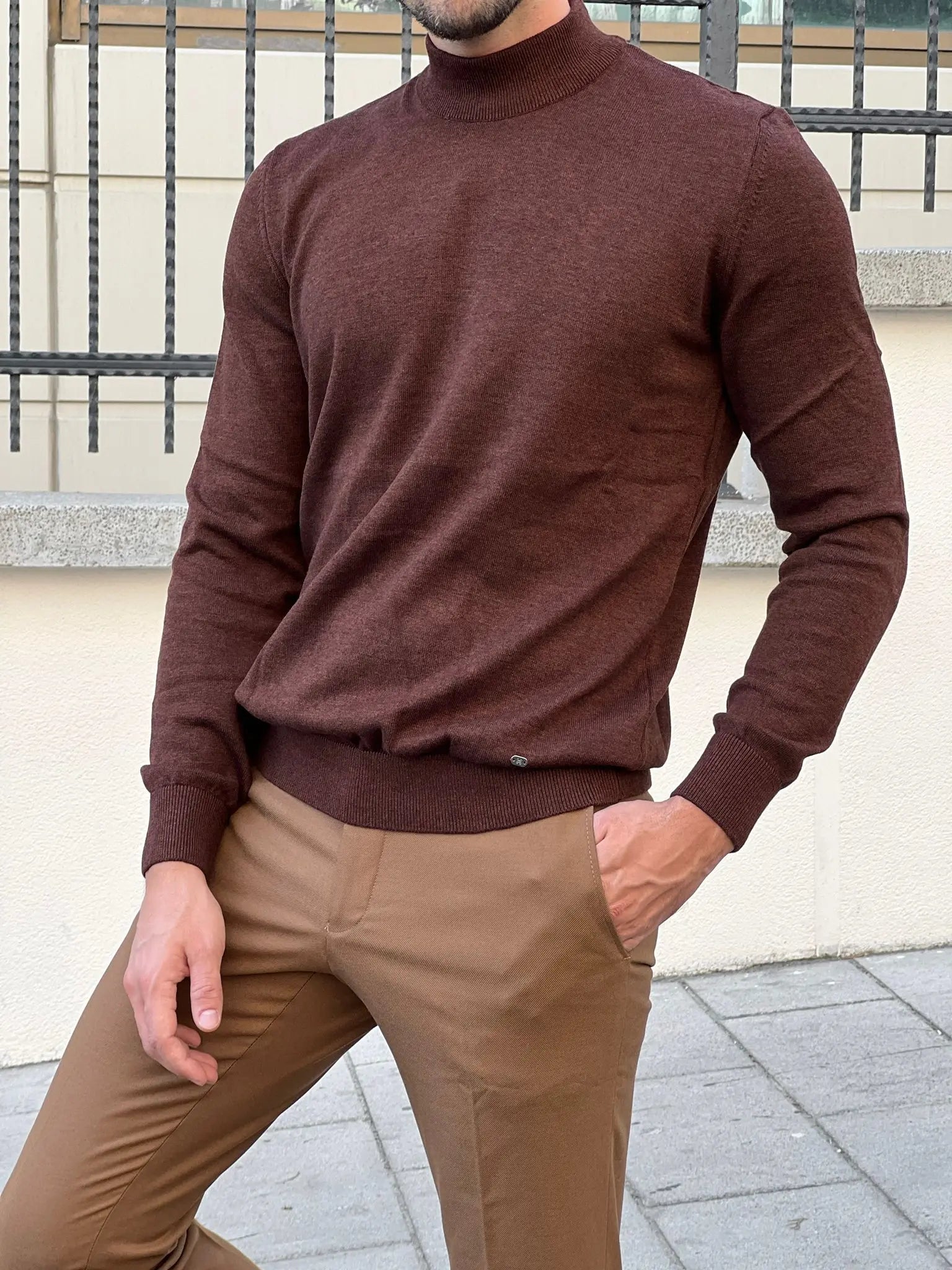 Stefano Slim Fit Brown Turtleneck Sweater - BRABION