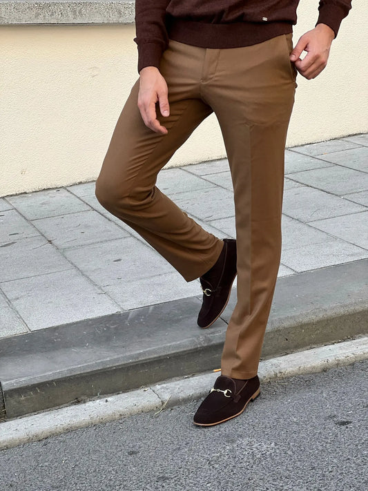 Benjamin Slim Fit High Quality Patterned Camel Pants - BRABION