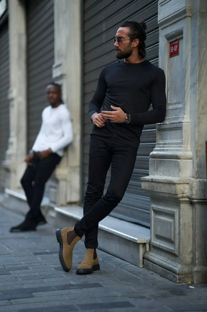 Stefano Slim Fit Custom Design Round Neck Black Sweater - BRABION