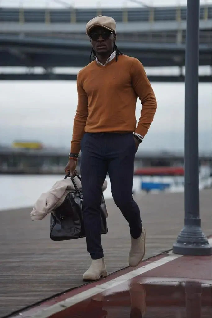 Stefano Slim Fit Custom Design Camel V-Neck Sweater - BRABION